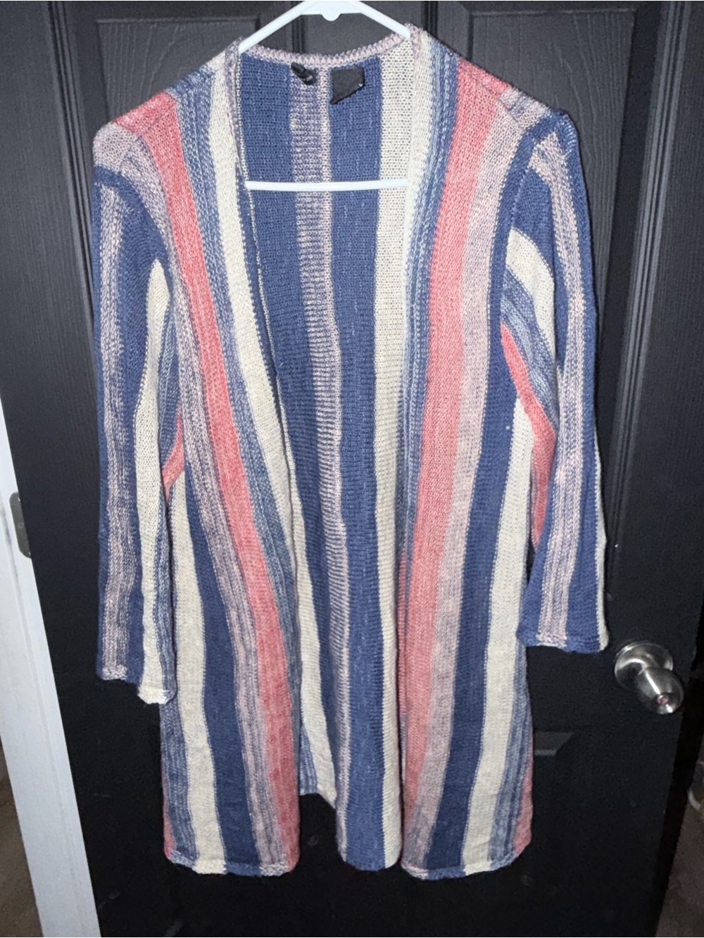 new directions Striped Open-Front Cardigan in Navy, Cream & Coral